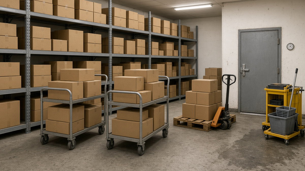A stocked store back room at closing, with loaded carts, a pallet jack, and a cleaning cart parked by the door.
